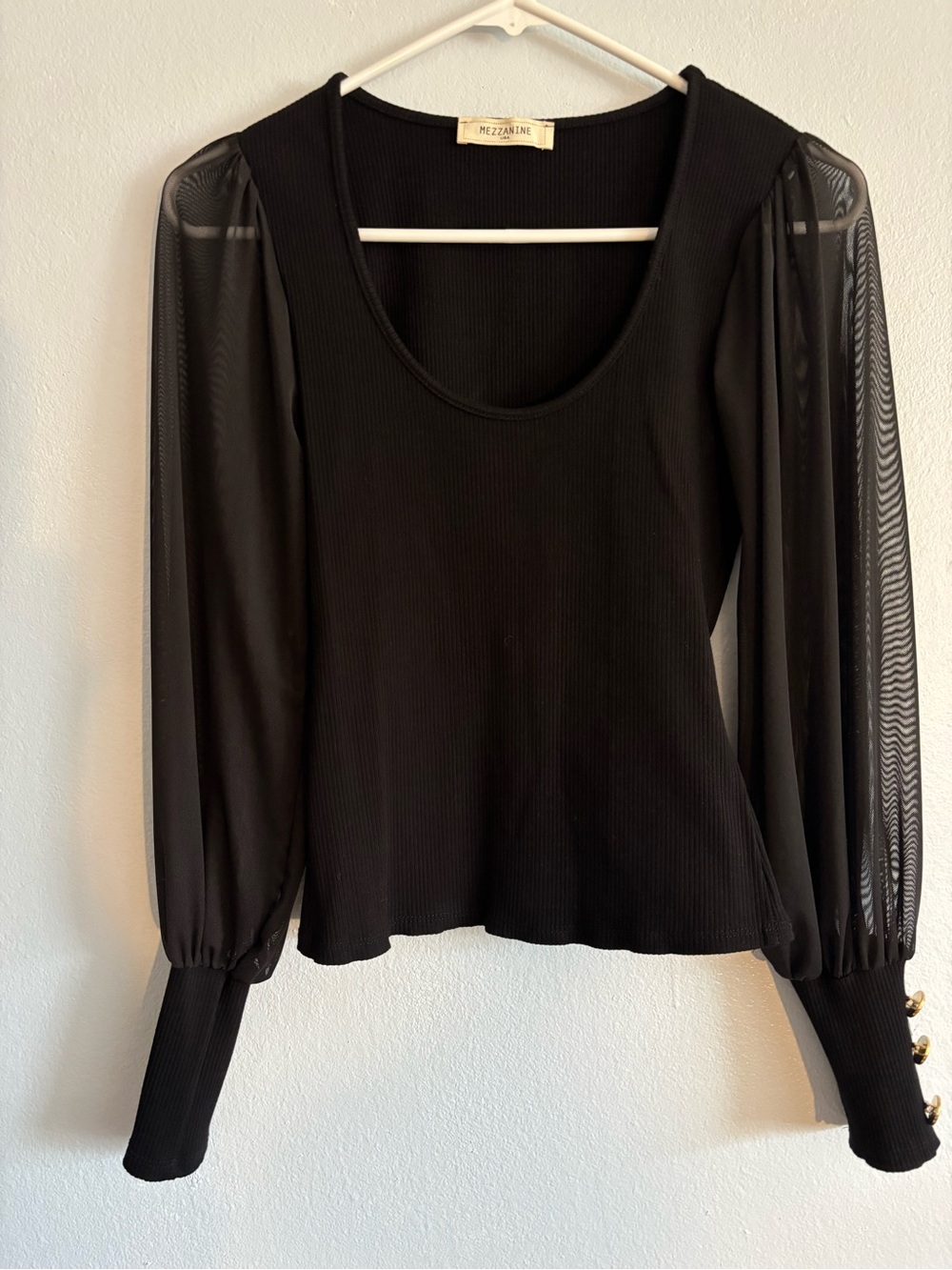 Mezzanine Black Scoop-Neck Long Sleeve Top with Sheer Sleeves